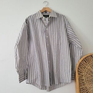Kenneth Cole New York Button Down Shirt Striped Blue Brown 16.5